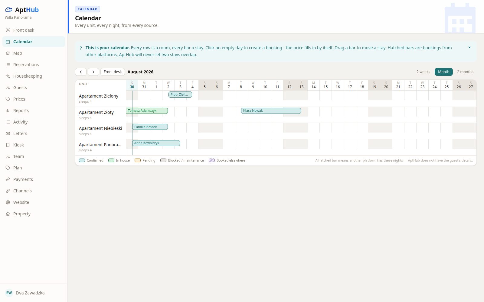 The AptHub calendar: rooms as rows, stays as bars, Airbnb and Booking reservations