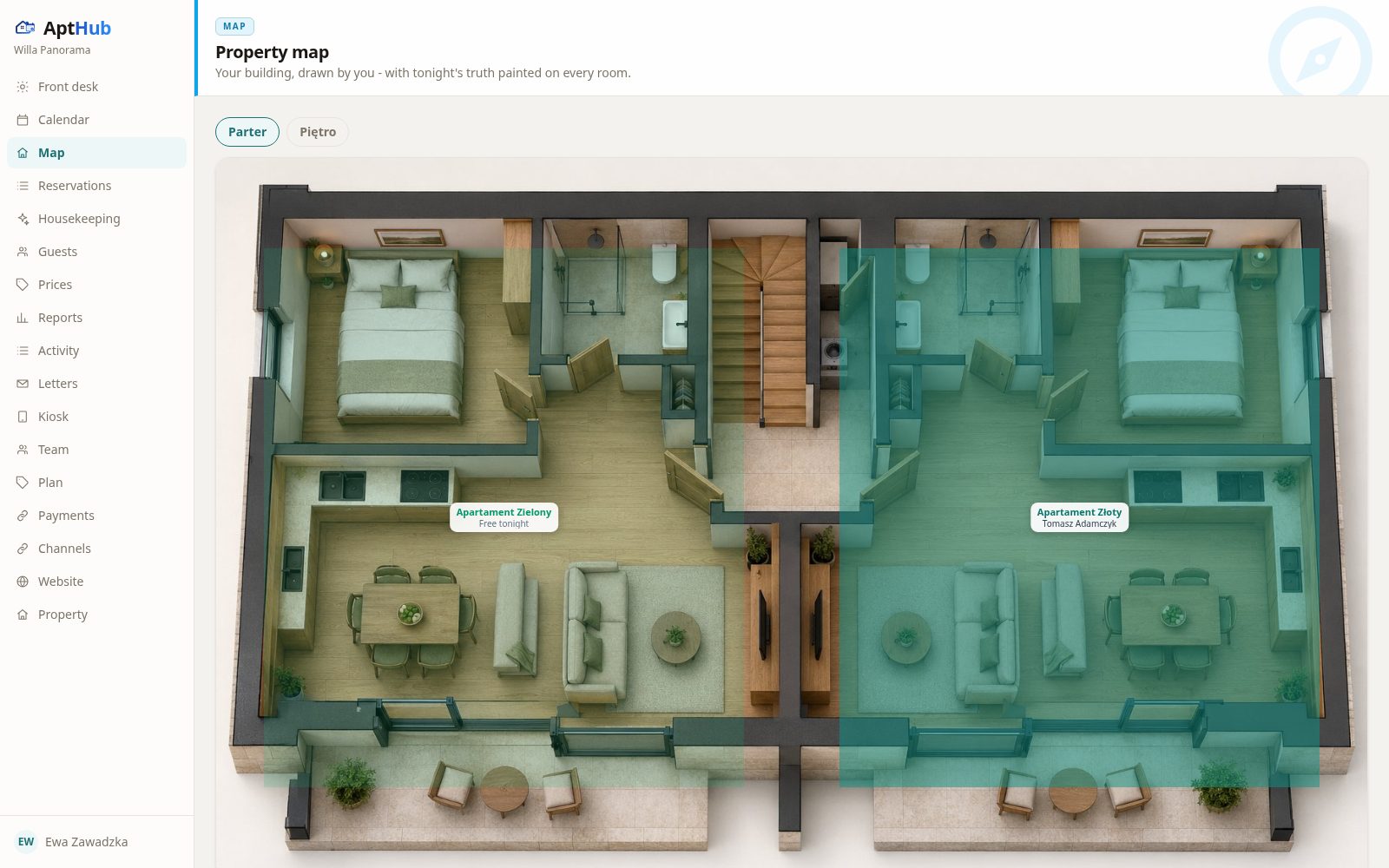 AptHub property map: a floor plan with apartments and guest names